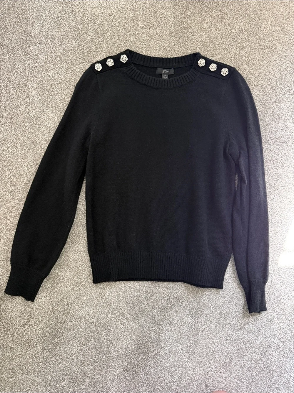 J. Crew Black Crewneck Sweater with Crystal Shoulder Buttons